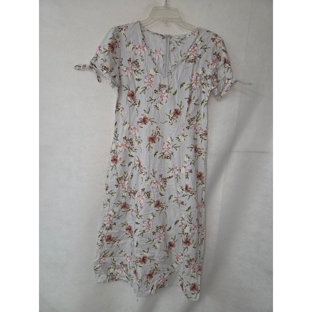 Tash‎ + Sophie Floral Midi Dress Womens Large Blue Linen Blend Tie Sleeve V-Neck